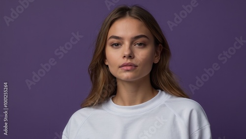 Woman in white long-sleeve top with neutral expression standing against solid background