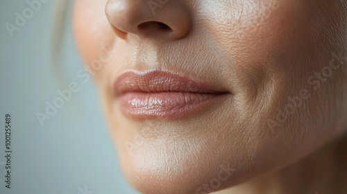 Detailed wrinkle treatment results around a woman's mouth, showing smooth skin versus aging lines, sharp focus on texture, Hyper-Realistic, Soft Glow