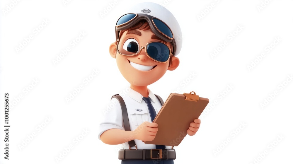 Cute cartoon pilot with aviator sunglasses and a clipboard, smiling brightly, isolated on a clean white background. Cute cartoon pilot with aviator sunglasses and a clipboard, smiling brightly, isolated on a clean white background.