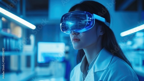 A scientist wearing VR goggles in a high-tech laboratory setting.