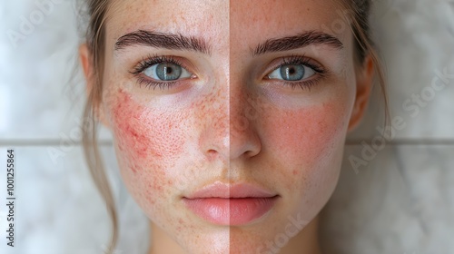 Visual of inflamed skin with acne and redness, focusing on the transition from irritation to smooth, healed skin layers over time