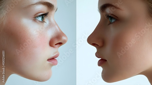 Before-and-after rhinoplasty comparison, showing frontal view of nasal reshaping, highlighting improved symmetry and contour, Photorealistic, Soft Lighting, High Detail