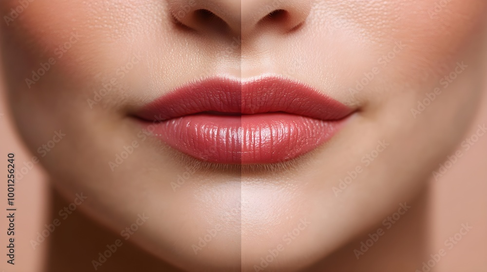 Fototapeta premium Close-up before-and-after of a woman's mouth area, showing visible wrinkles versus smooth, wrinkle-free skin, high contrast, Photorealistic, Soft Lighting