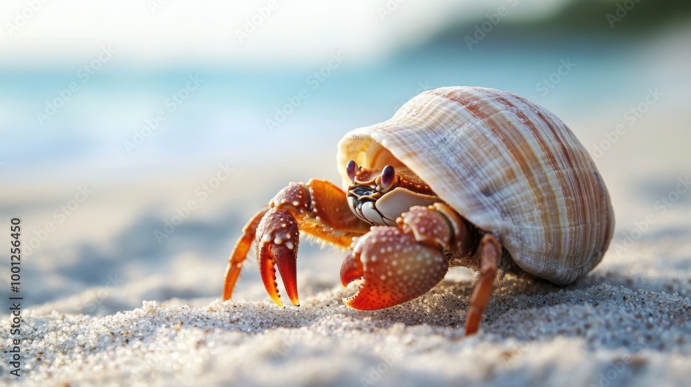 Cute Hermit Crab on Sandy Beach Under Bright Sky Cute Hermit Crab on Sandy Beach Under Bright Sky