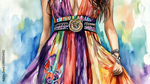 A watercolor painting of a woman wearing a colorful dress with a belt and jewelry.