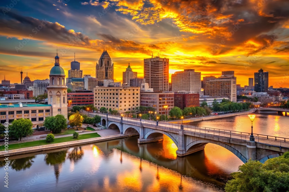 Fototapeta premium Urban cityscape at sunset, showcasing the vibrant colors of the Wisconsin Avenue Bridge and downtown skyline against a