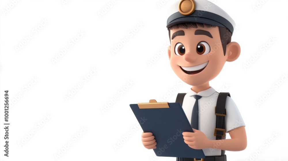 Cute pilot cartoon character holding a clipboard and flight plan, smiling warmly, isolated on a white background. Cute pilot cartoon character holding a clipboard and flight plan, smiling warmly, isolated on a white background.