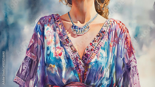 Watercolor painting of a woman wearing a colorful patterned dress and a necklace.