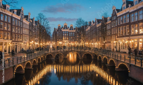 A charming bridge in Amsterdam with traditional architecture and twinkling lights at dusk