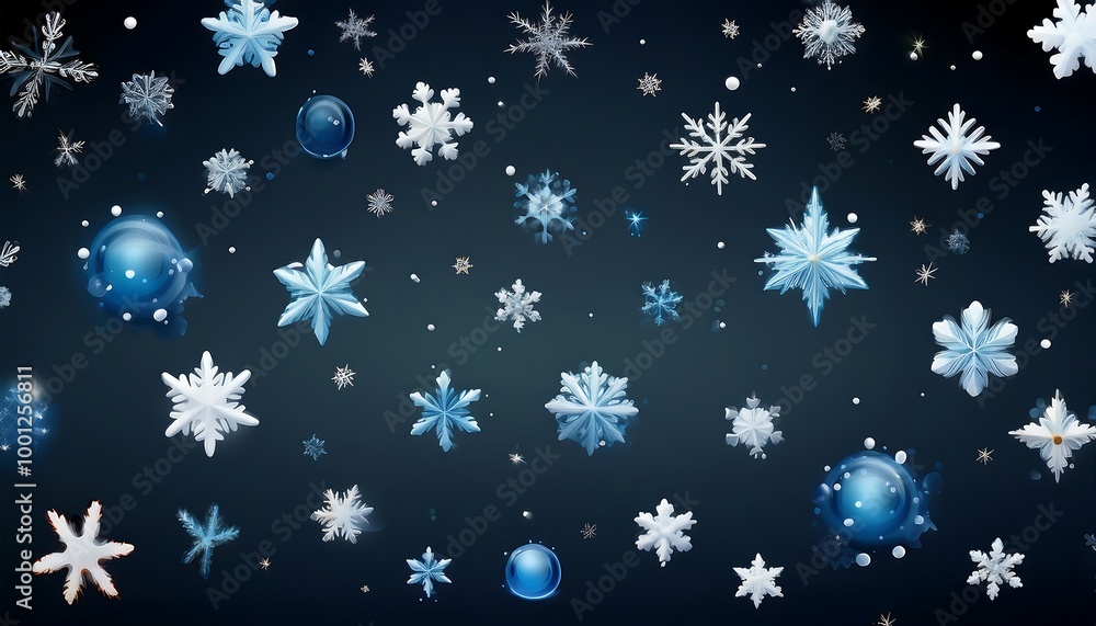 Set of snow particles on black background, design element. Set of snow particles on black background, design element.
