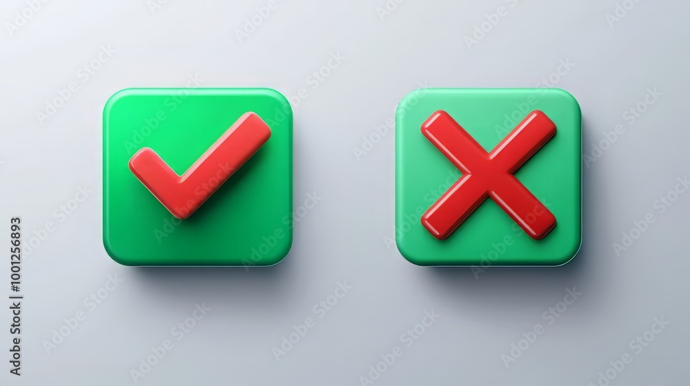 green checkmark and red x button 3d design with simplified ui elements for confirmation and cancellation actions green checkmark and red x button 3d design with simplified ui elements for confirmation and cancellation actions