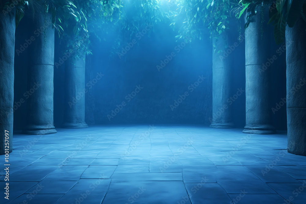 Obraz premium Serene ancient temple interior with columns and soft blue lighting during twilight