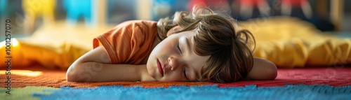 A young girl lies on her stomach, face down, on a colorful rug.