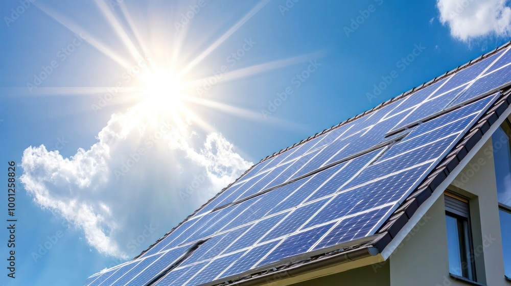 Fototapeta premium Solar Panels on a Roof with a Sunny Sky