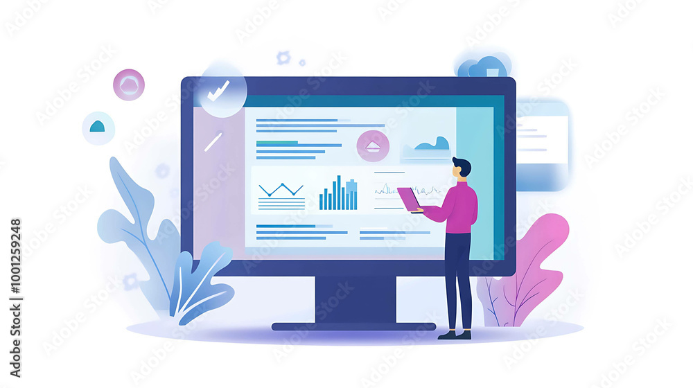A man stands in front of a large computer screen, reviewing data and graphs. A man stands in front of a large computer screen, reviewing data and graphs.
