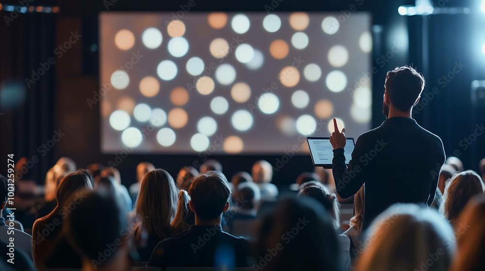 A speaker addresses a crowd of people at a conference. A speaker addresses a crowd of people at a conference.