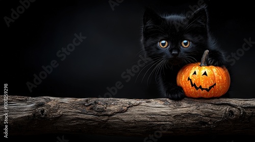 Black kitten with pumpkin on a log against a dark background. photo