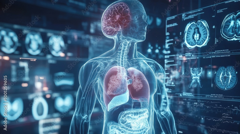 Digital X-ray showing internal organs of the human body, with specific areas highlighted for treatment, symbolizing medical technology advancements Digital X-ray showing internal organs of the human body, with specific areas highlighted for treatment, symbolizing medical technology advancements