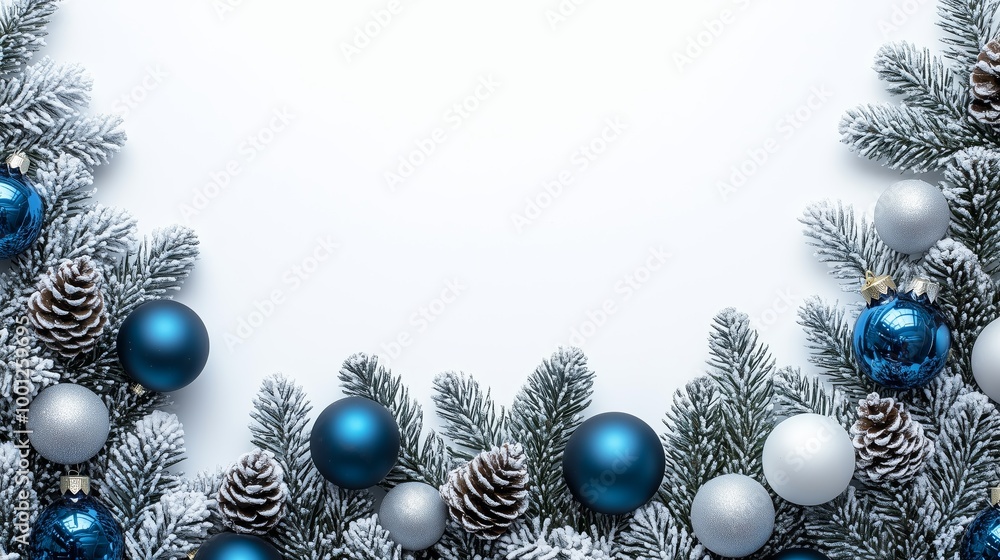 Elegant Christmas border with frosted pine and ornaments Elegant Christmas border with frosted pine and ornaments