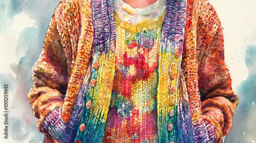 A colorful knitted cardigan, painted in watercolor, worn by a person.