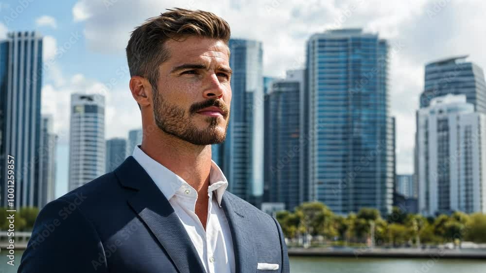 Confident Caucasian businessman in a suit stands against a city skyscrapers background, symbolizing success and urban lifestyle Confident Caucasian businessman in a suit stands against a city skyscrapers background, symbolizing success and urban lifestyle