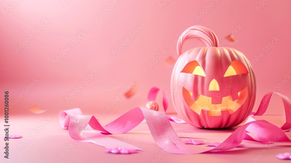 A pink pumpkin with a light inside of it is on a pink background A pink pumpkin with a light inside of it is on a pink background