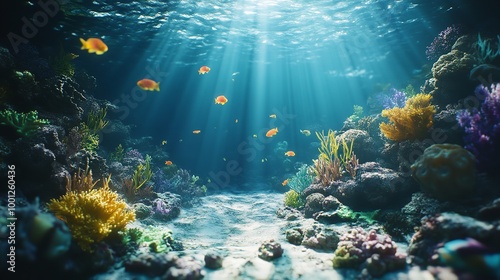 Seascape view of Colorful turtles in the blue ocean