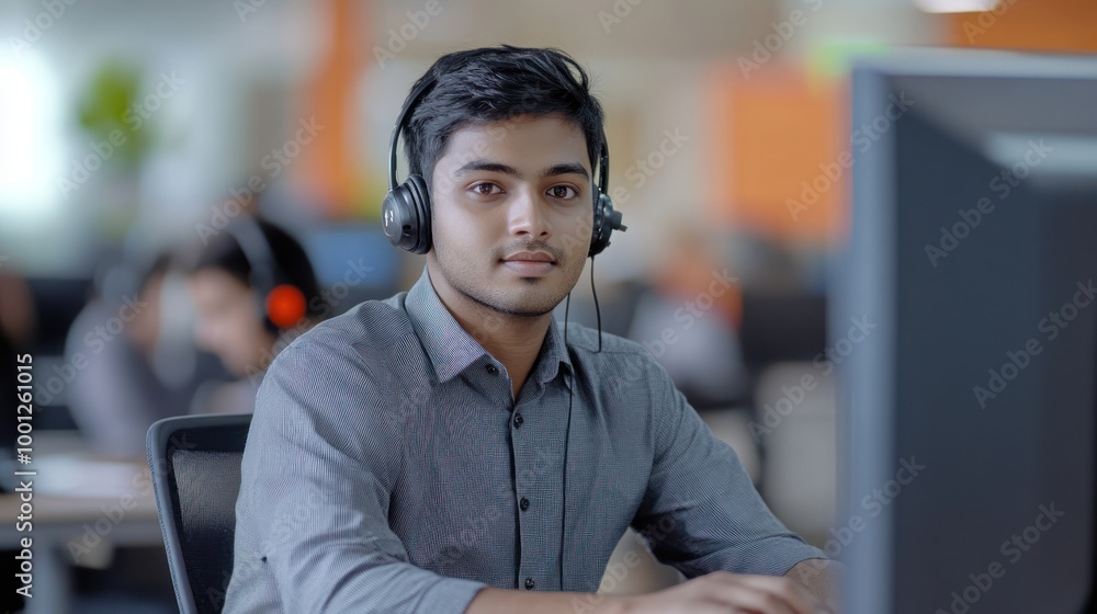 A young man wearing headphones sits at a desk with a computer in a busy office environment. A young man wearing headphones sits at a desk with a computer in a busy office environment.
