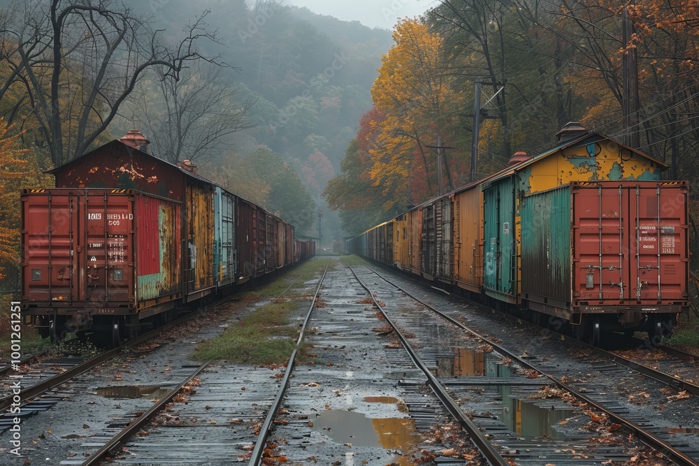 Long line of freight train cars with weathered brown and green containers on industrial tracks Long line of freight train cars with weathered brown and green containers on industrial tracks