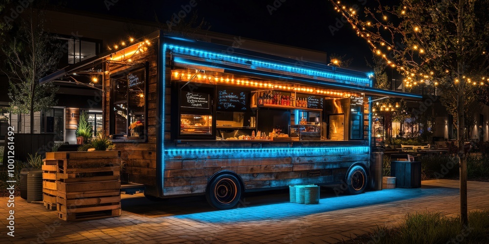 Cozy outdoor food cart with fairy lights at dusk Cozy outdoor food cart with fairy lights at dusk