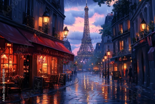 A romantic Parisian cafe under the Eiffel Tower, with rain falling on the cobblestone street and streetlamps casting a warm glow.