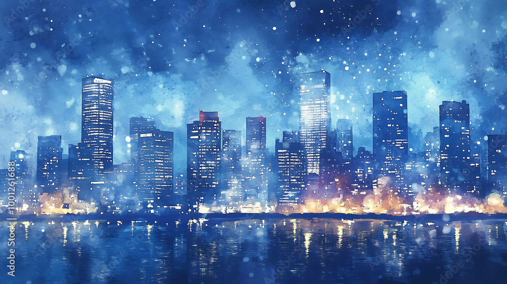 Fototapeta premium Watercolor painting of a city skyline at night with snow falling.