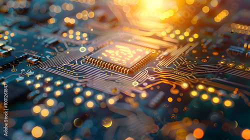 A closeup of a modern technology microchip or circuit board labeled .advanced, high-tech, electrical signals, hardware, engineering, photo