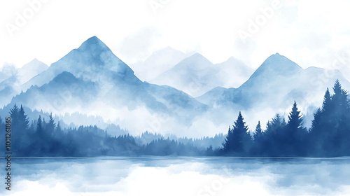 Watercolor painting of a serene mountain landscape with a lake in the foreground.