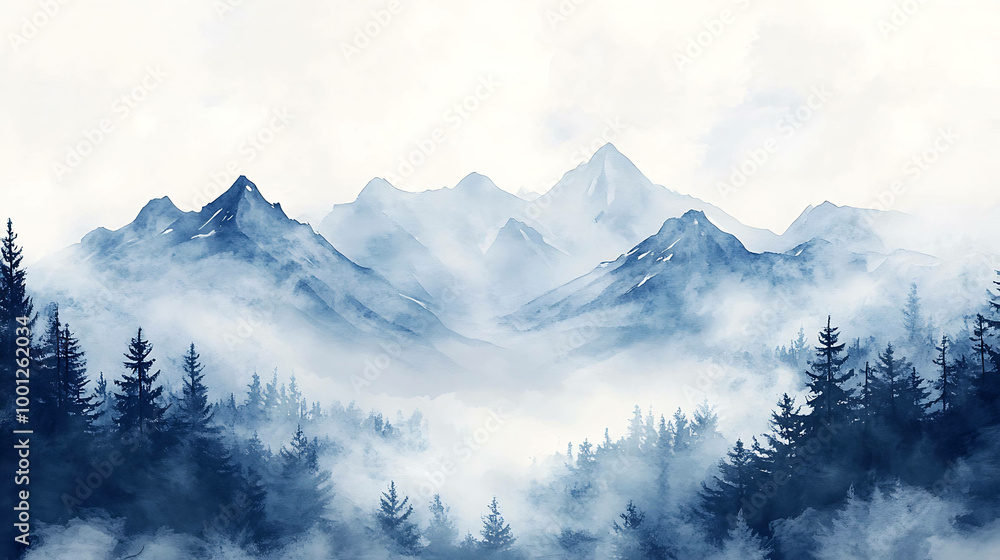 Watercolor painting of a misty mountain range with pine trees. Watercolor painting of a misty mountain range with pine trees.