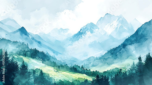 A watercolor painting of a mountain range with a valley in the foreground. photo