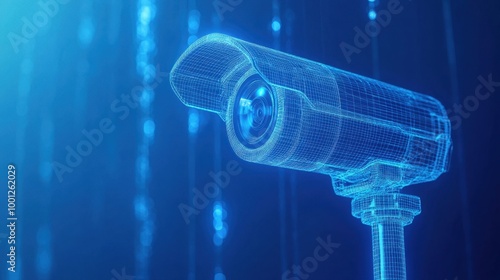 A CCTV security camera rendered in wireframe style, hovering against a blue backdrop, symbolizing surveillance technology. photo