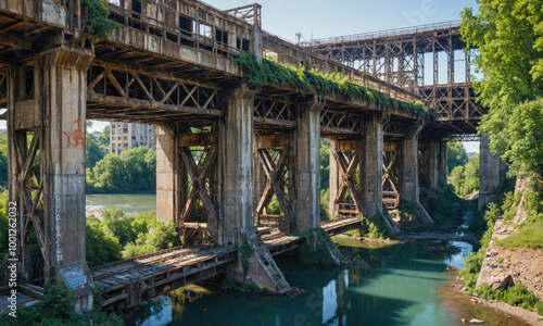 An old, rusted bridge stands over a river, surrounded by greenery photo