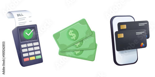 Payment methods illustration set in 3D style. Paying with credit card, cash with banknotes and online by electronic bank transfer. Cash and electronic payments concept. Vector illustration
