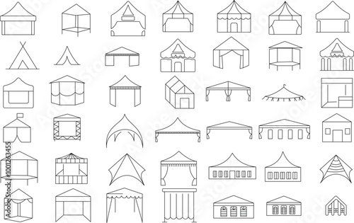 Event and party tent icon set for logo and T-Shirt. Thin line art editable stroke.