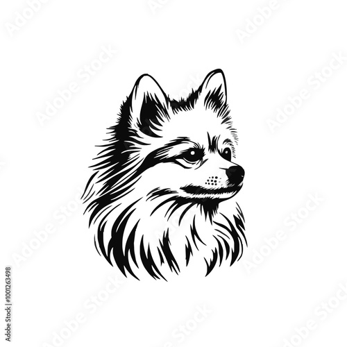 Black and White Stylized Pomeranian Dog Portrait in Line Art Featuring Fluffy Fur and Playful Expression