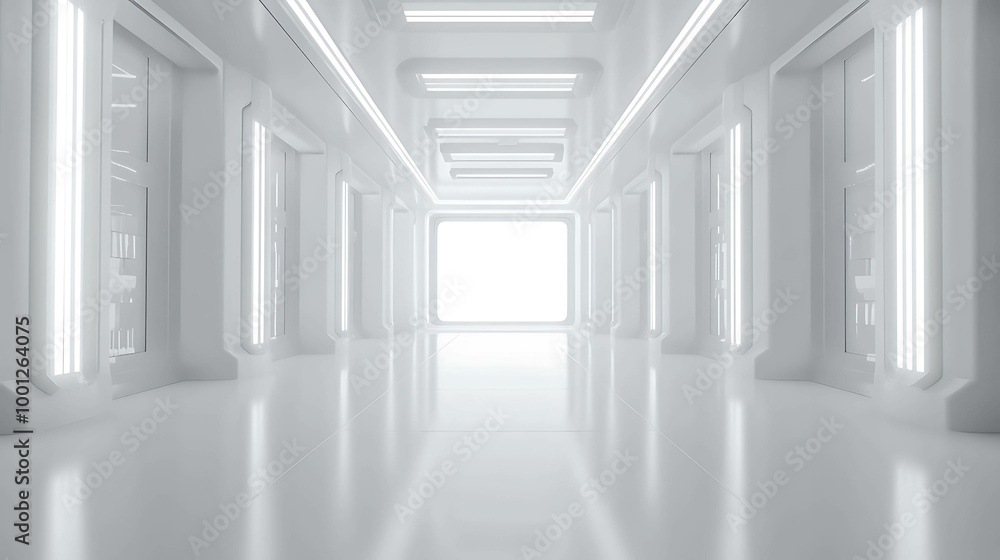 Obraz premium A futuristic, bright white hallway with glowing lights and doorways.