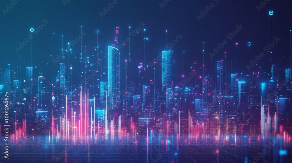 Fototapeta premium A vibrant digital skyline featuring colorful light patterns, symbolizing technology, innovation, and futuristic cityscapes.