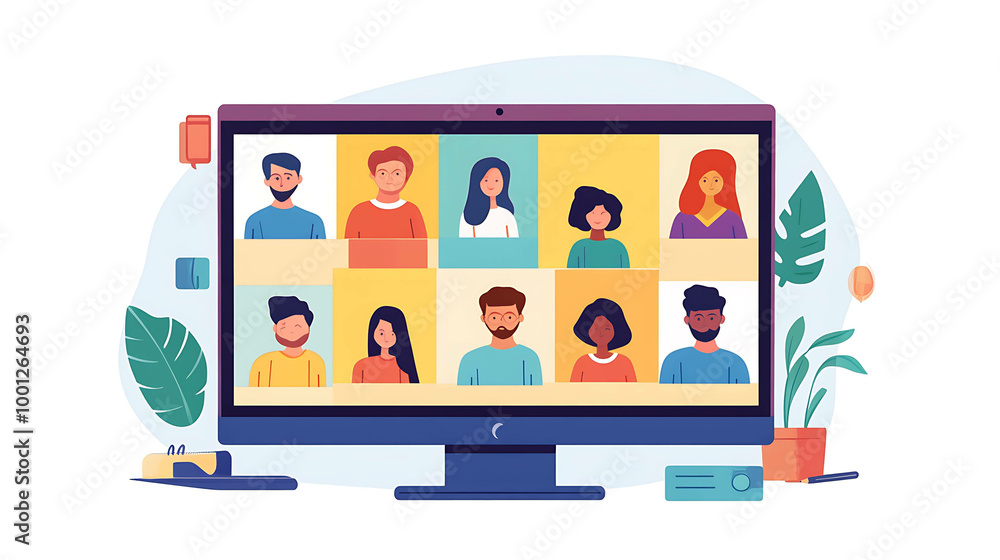 A group of diverse people are on a video call, their faces displayed in a grid on a computer monitor. A group of diverse people are on a video call, their faces displayed in a grid on a computer monitor.