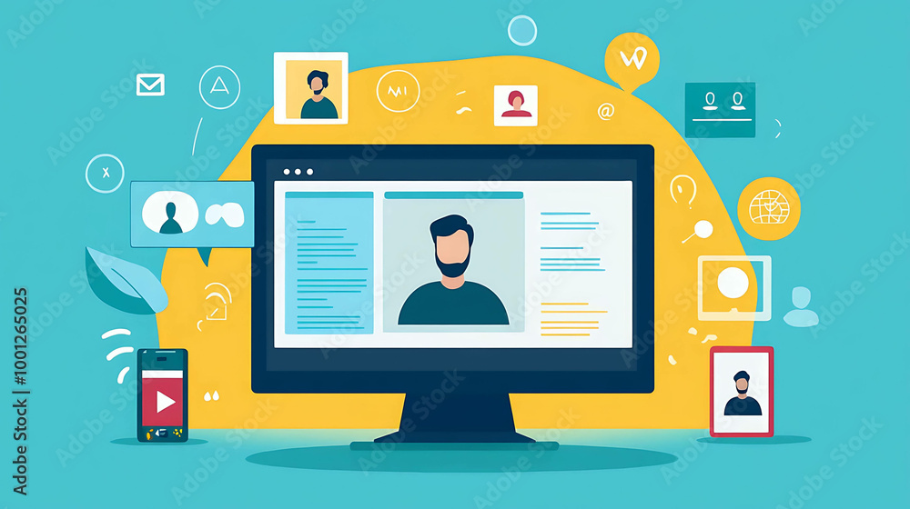 Illustration of a computer screen with a user profile, surrounded by icons representing various online activities. Illustration of a computer screen with a user profile, surrounded by icons representing various online activities.