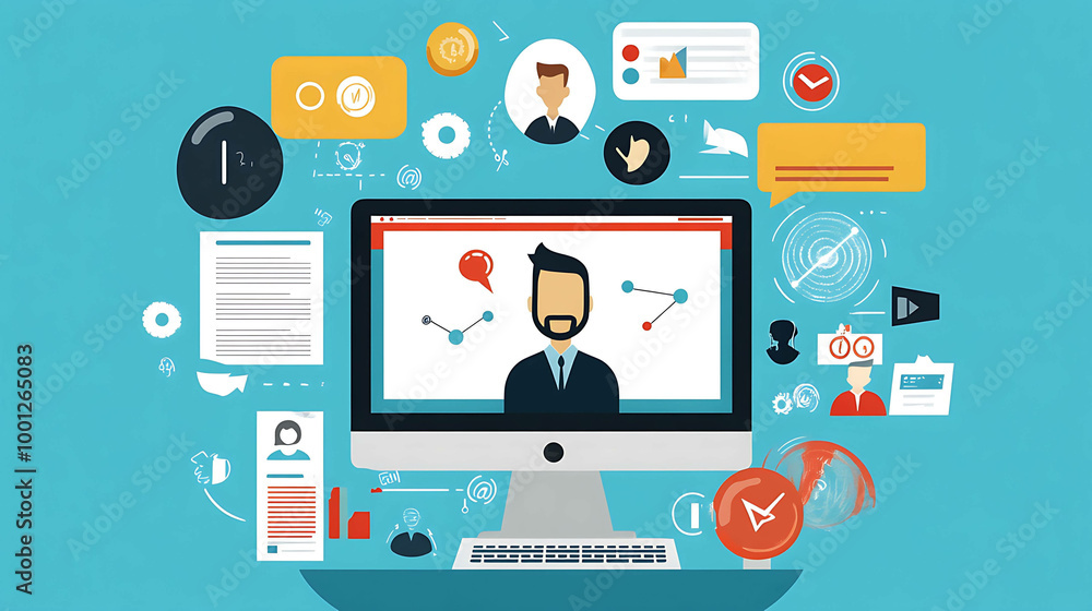 A flat design illustration of a computer screen with icons surrounding it. A flat design illustration of a computer screen with icons surrounding it.