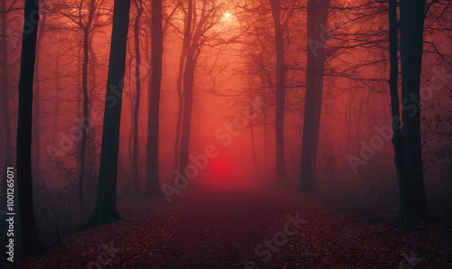 A foggy forest path glows with an eerie red light at dusk