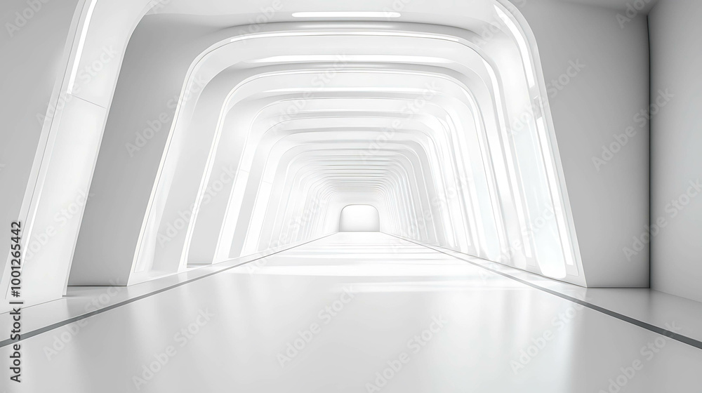 Fototapeta premium A futuristic white hallway with curved walls and a bright light at the end.