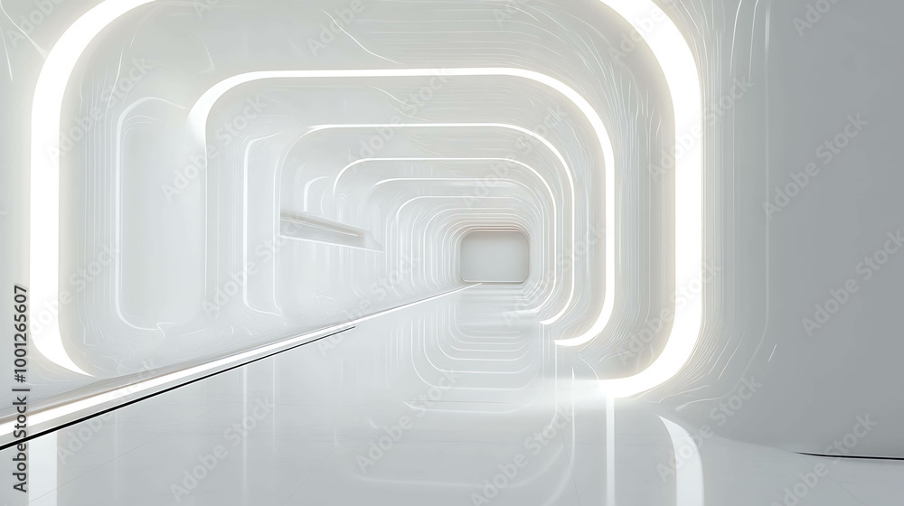 Fototapeta premium White futuristic corridor with glowing lights.