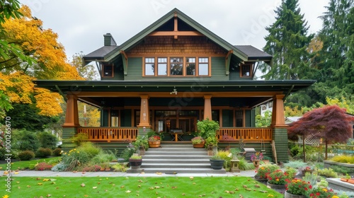 Elegant craftsman house in forest green, large porch, wooden details, and colorful garden.